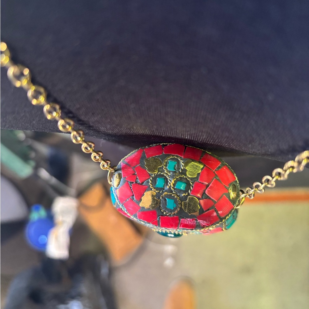 Boho Mosaic Locket Pendant Necklace – Hidden Compartment – Red & Turquoise - Picture 3 of 5